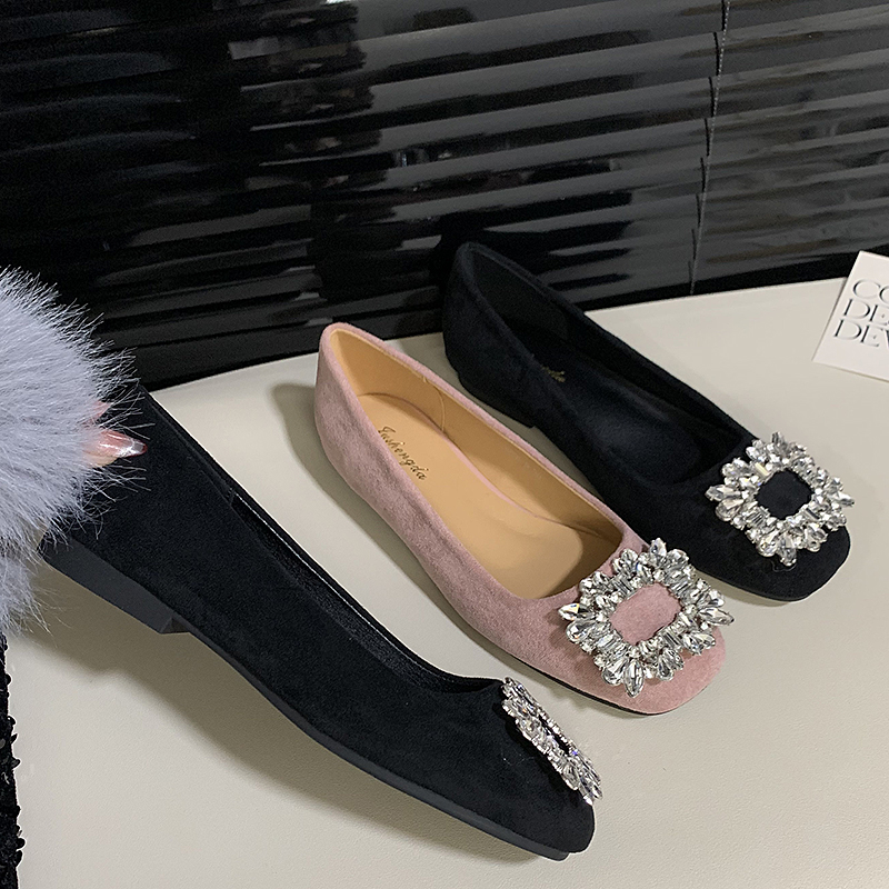 甜美粉色方头单鞋磨砂绒面软底平跟女鞋新款水钻韩版浅口平底鞋女