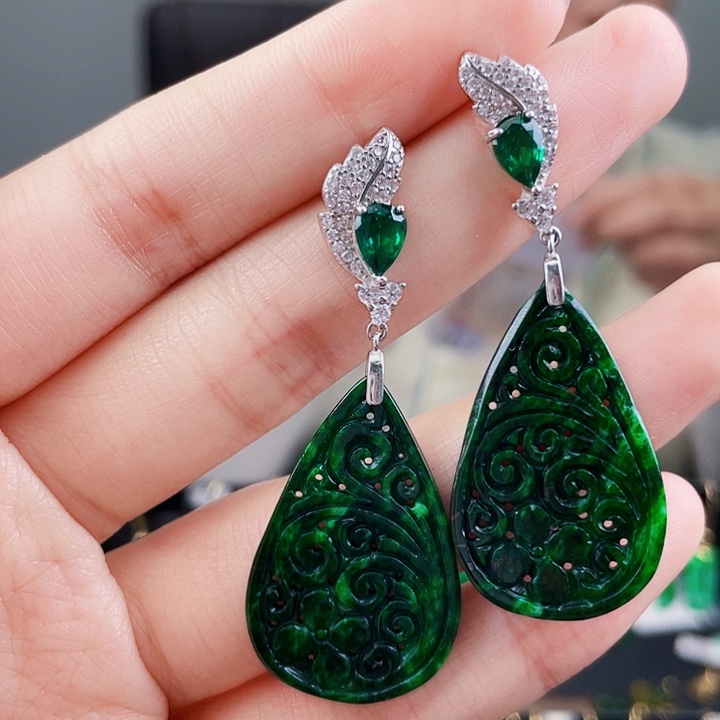 翡翠耳饰银S925镶嵌饰品