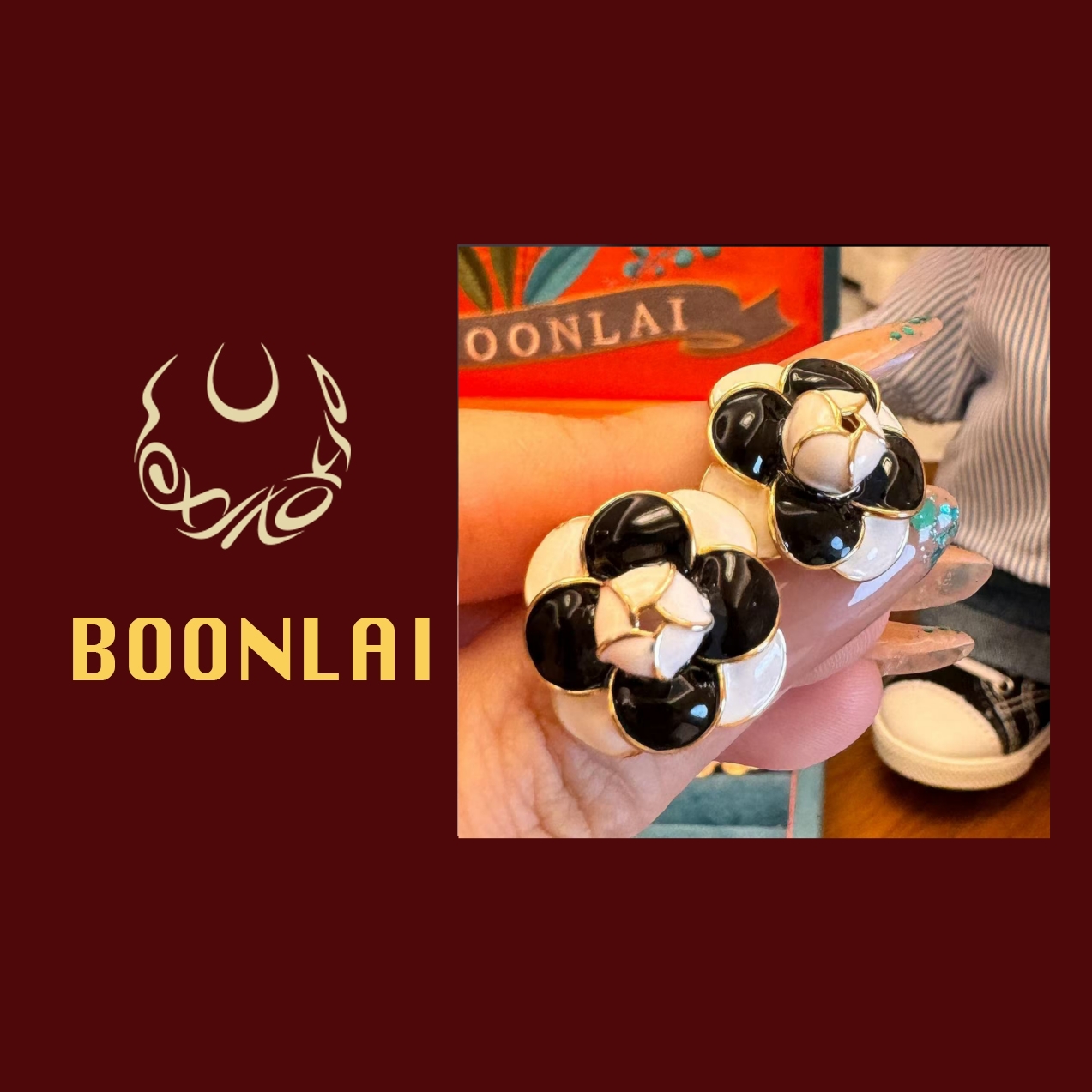 铜合金莫桑石耳饰 Boonlai 黑白滴釉花朵耳环1460