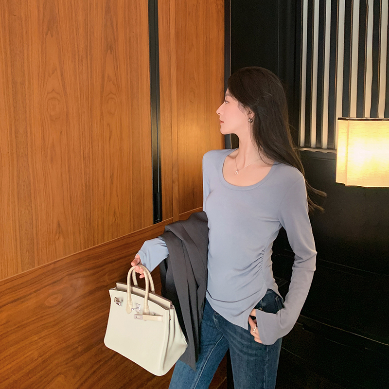 [28号 直播福利] 11/24-29 长袖正肩修身显瘦T恤女春收腰褶皱上衣