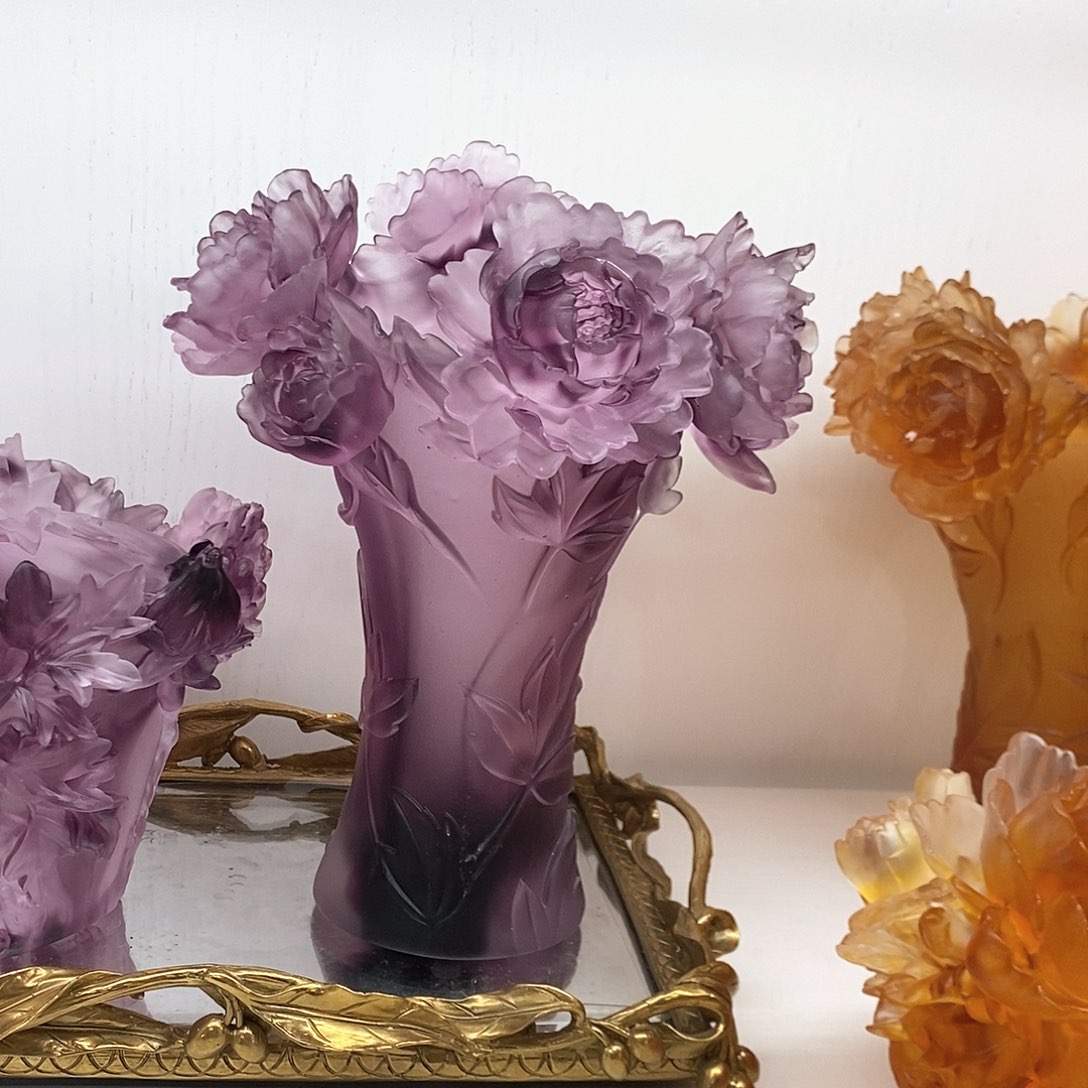 摆件QAA291脱蜡水晶牡丹花瓶
