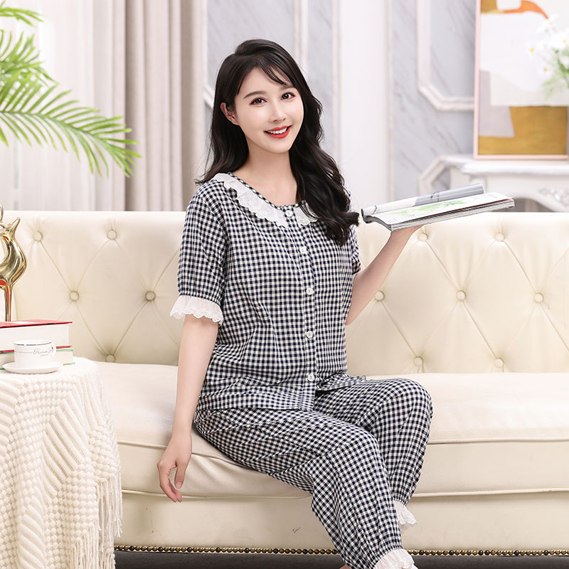 女士全棉春夏短袖长裤睡衣套装外穿家居服