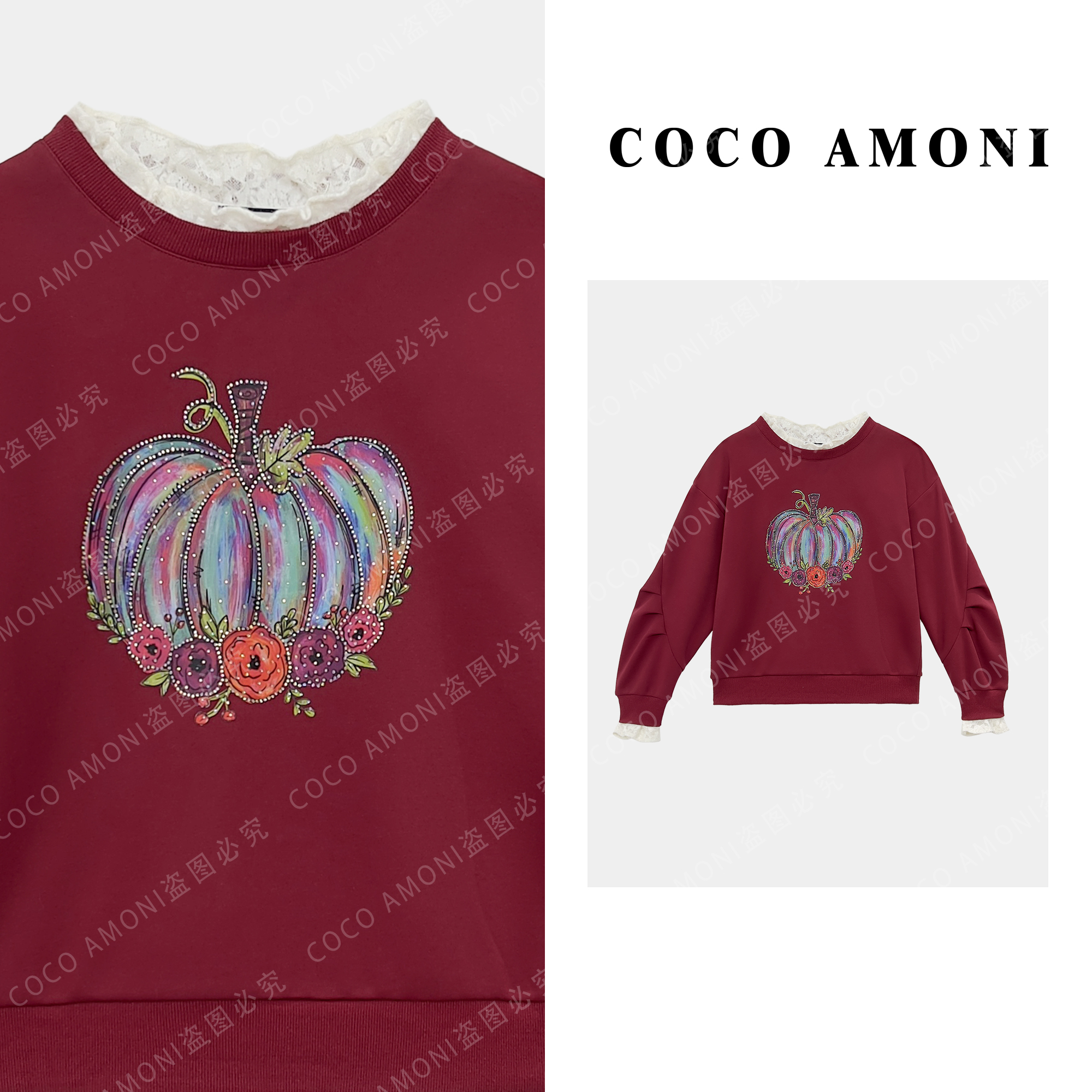 [曼姐]秋冬新款卫衣女圆领宽松烫钻假两件套头卫衣ZQ808