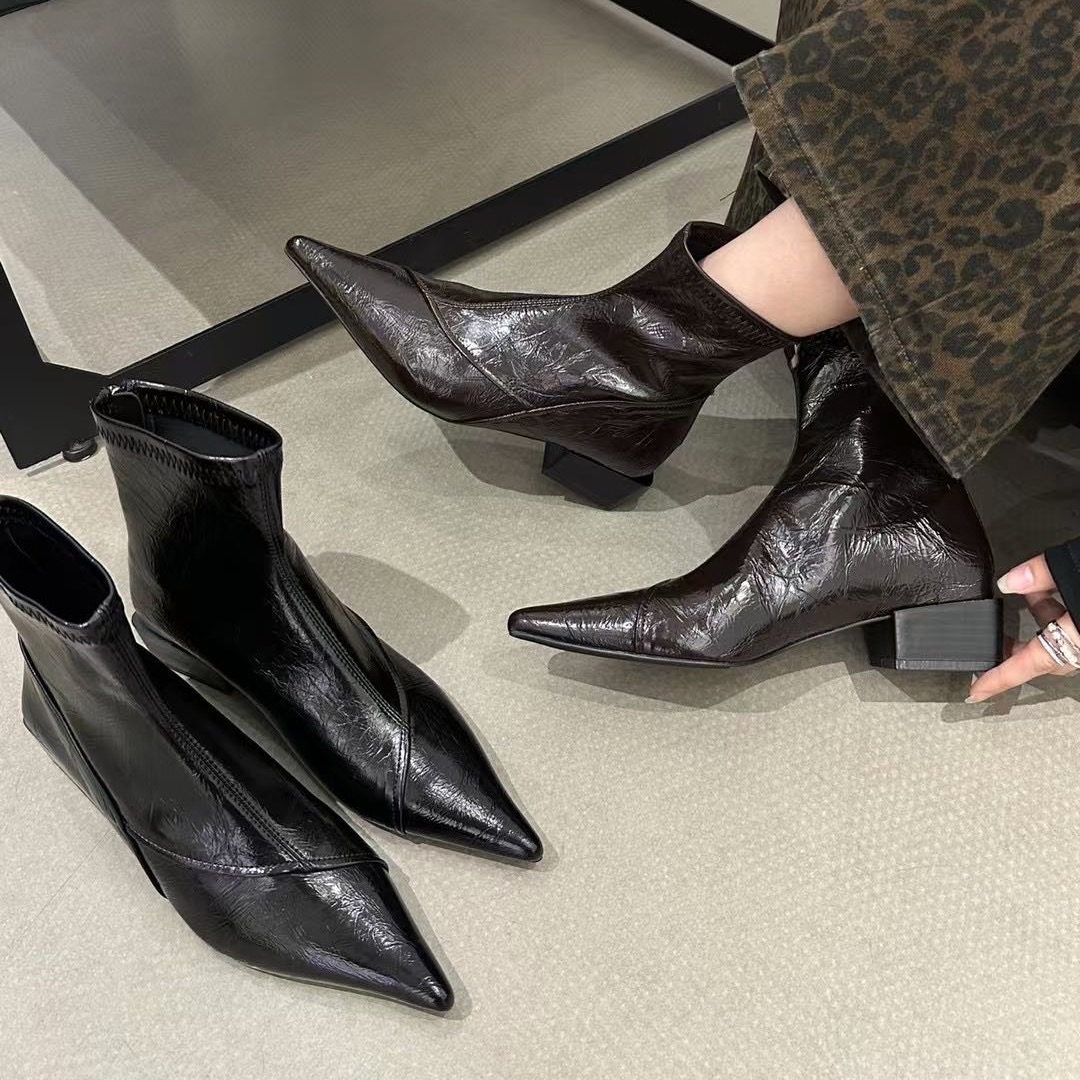 202-2秋冬季新款短靴尖头粗跟方跟时装单靴网红时尚韩版靴子皮靴