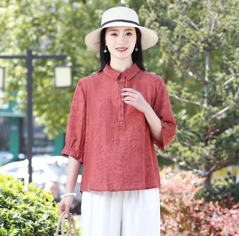 2024新款时尚方领麻料上衣衬衫套头纽扣女宽松版型小衫