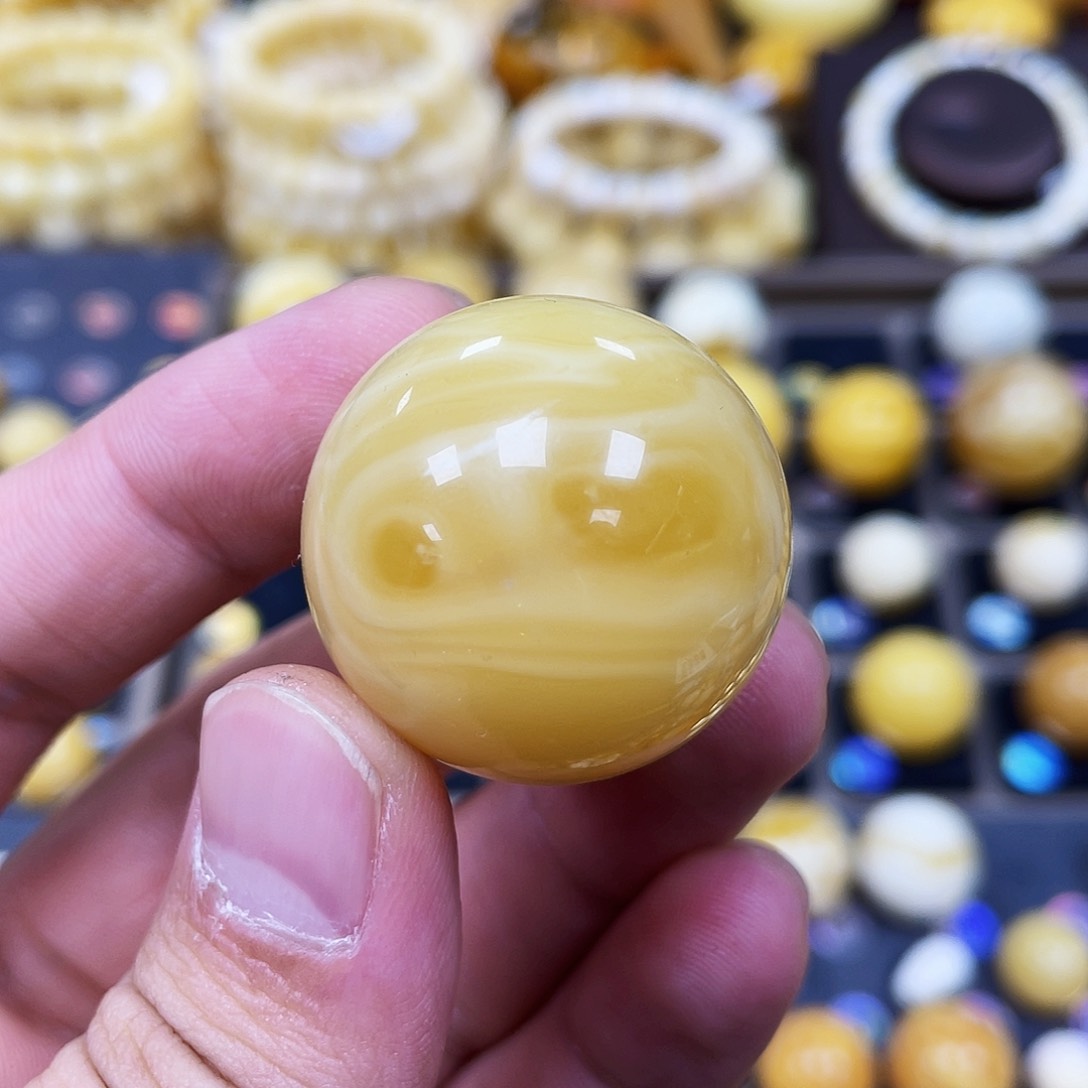 蜜蜡珠宝奇石未镶嵌29.5+mm波浪拉丝双天眼款｜圆珠