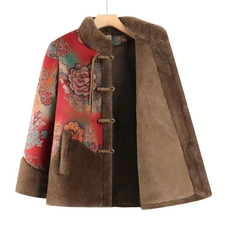 12073-中老年人奶奶冬装棉服加绒加厚外套妈妈唐装棉衣盘扣棉袄