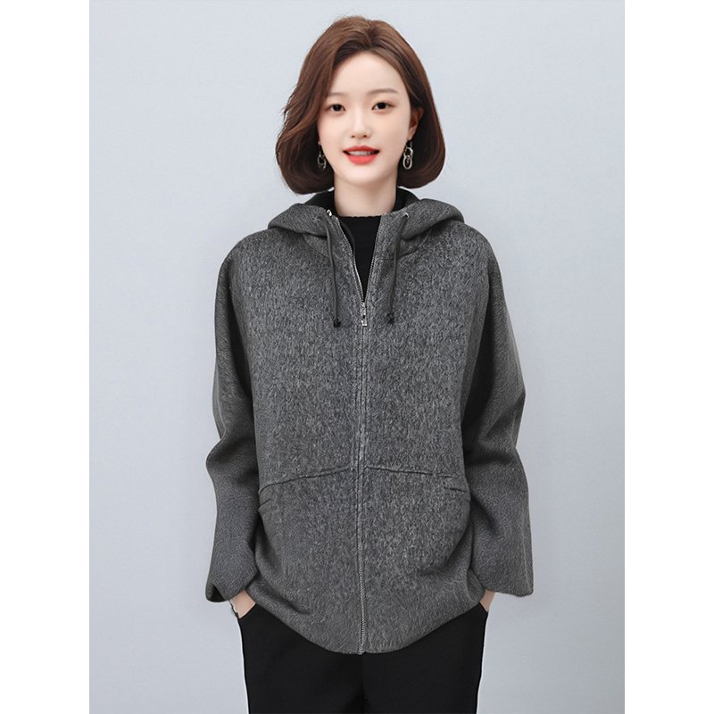 插肩袖厚款连帽冬中长款毛呢外套带帽春秋女士加厚