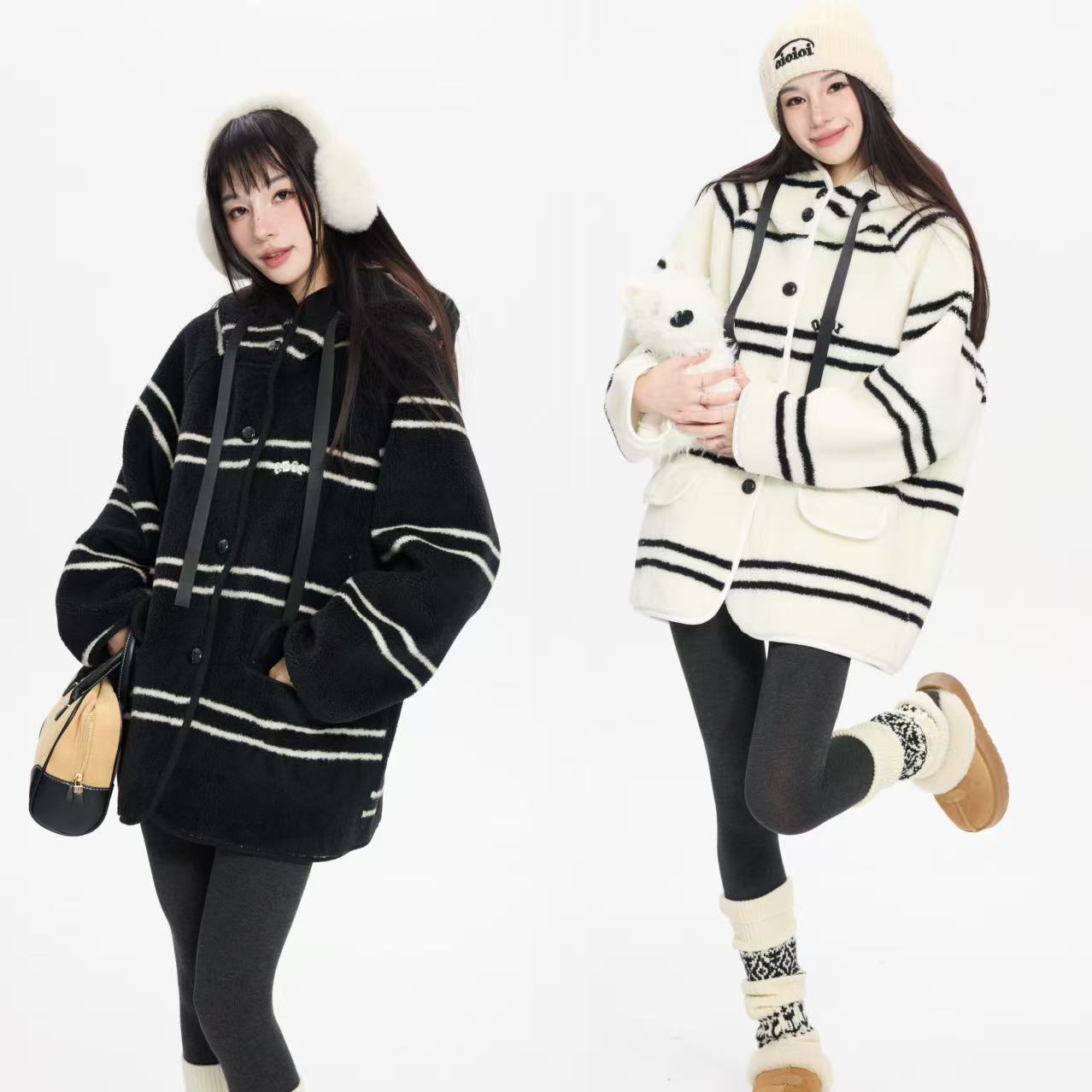 byo!oi OIOI秋冬新款休闲刺绣仿羊羔绒条纹开衫加厚连帽保暖外套