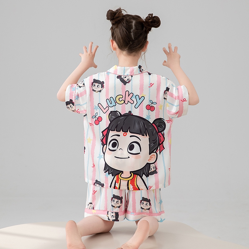 儿童睡衣女童夏季双短套装女孩冰丝薄款中大童空调家居服