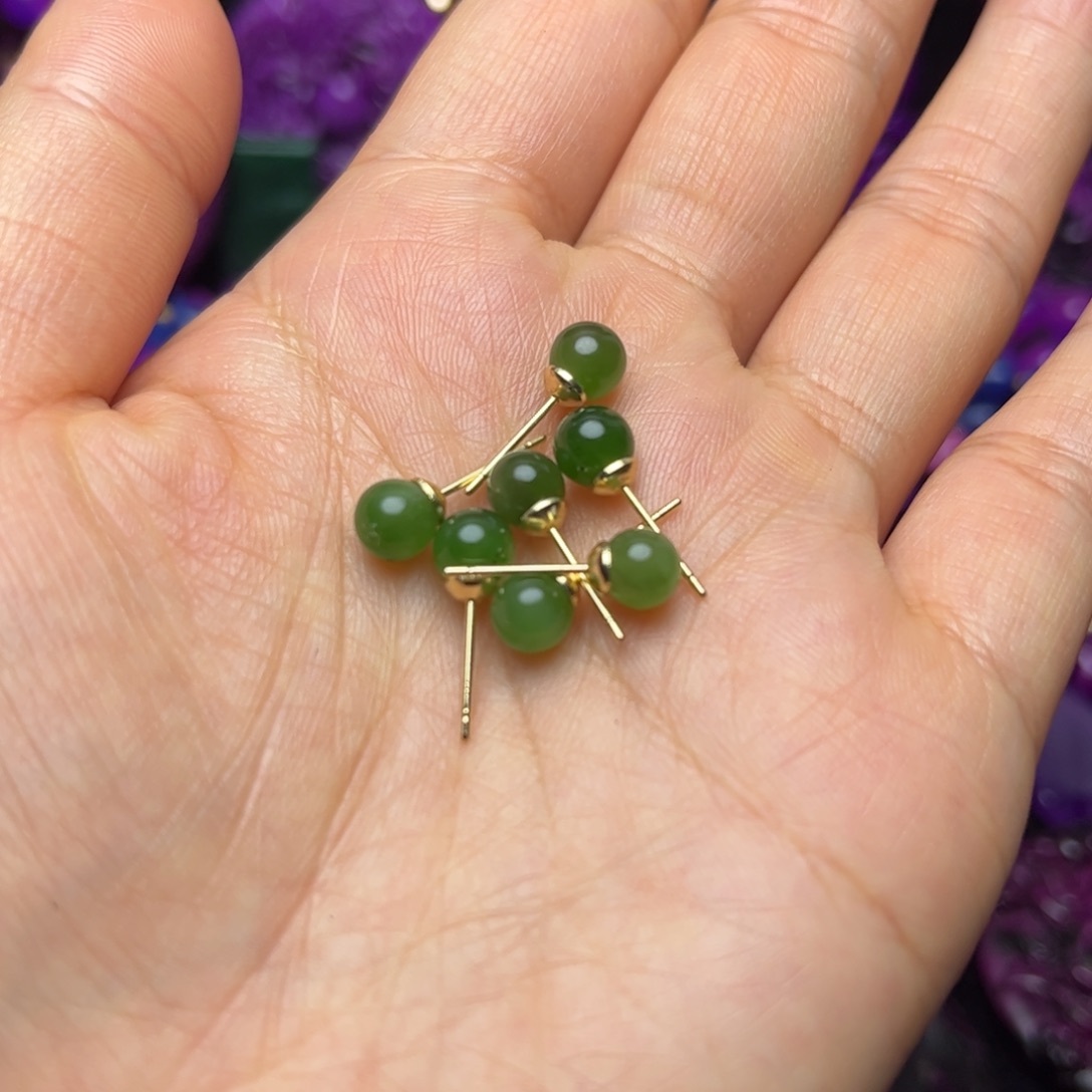 紫泥绿丝绒玉华耳钉一对卡6无耳帽介意不拍