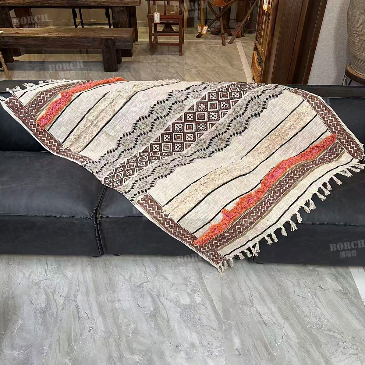 博瑞奇进口纯棉彩色拼色搭毯波西米亚风手工流苏披毯地毯09970