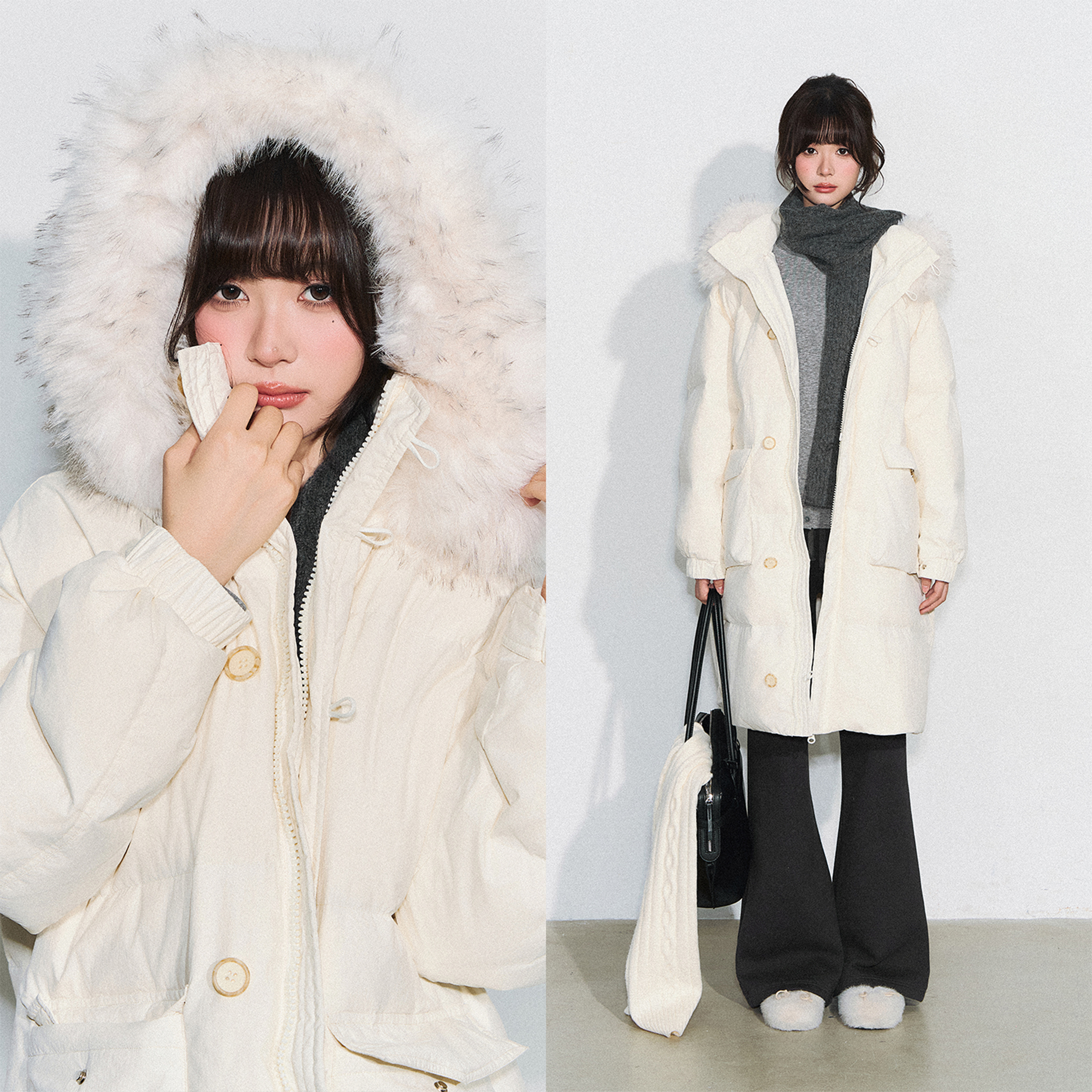 CyNi【蓬茸梦境】气质加厚连帽拉链外套可拆卸大毛领中长羽绒服