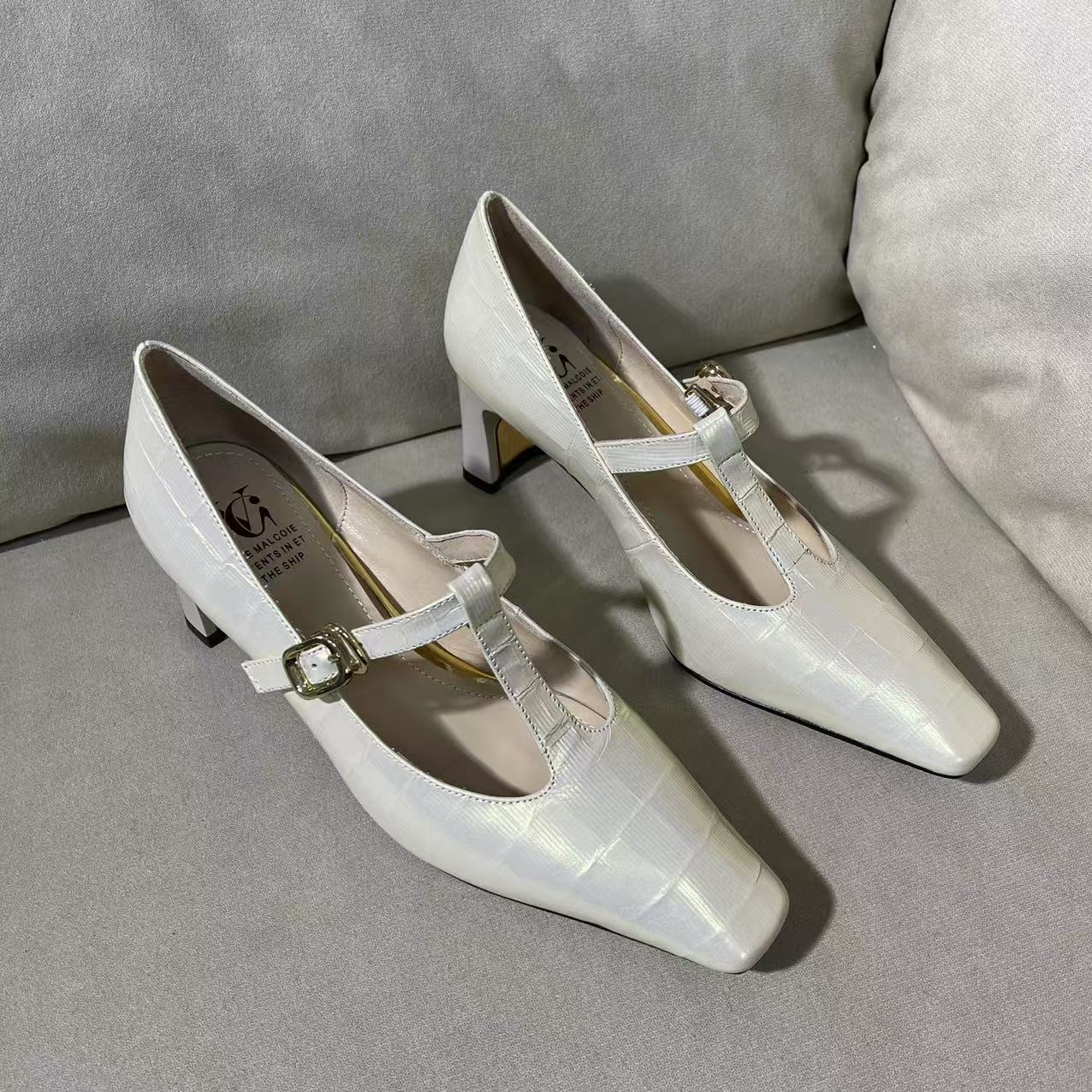 1031【曼陀罗】金色法式丁字扣带方跟小方头休闲纯手工单鞋C【5cm】