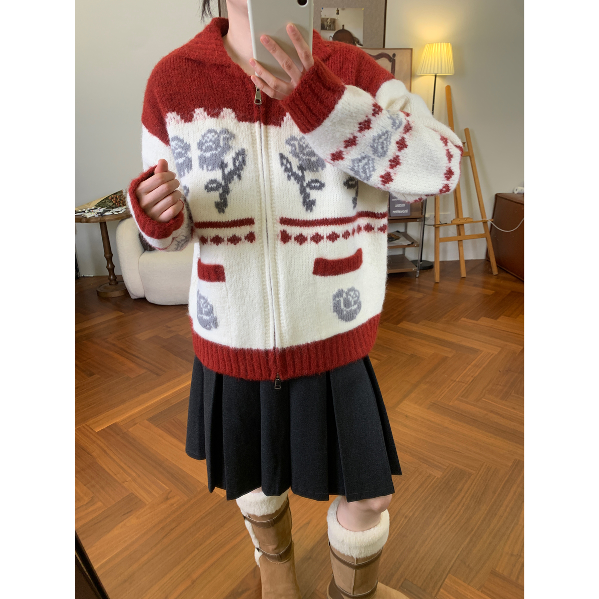 复古加厚花朵提花毛衣外套女韩版秋冬新款宽松百搭翻领拉链针织衫