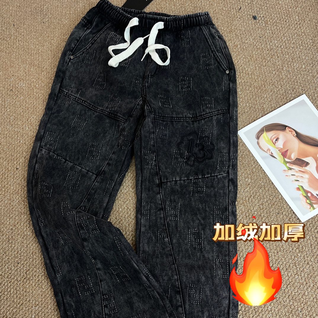 【松紧腰】3美式复古高腰加绒加厚牛仔裤宽松直筒长裤时尚百搭3号