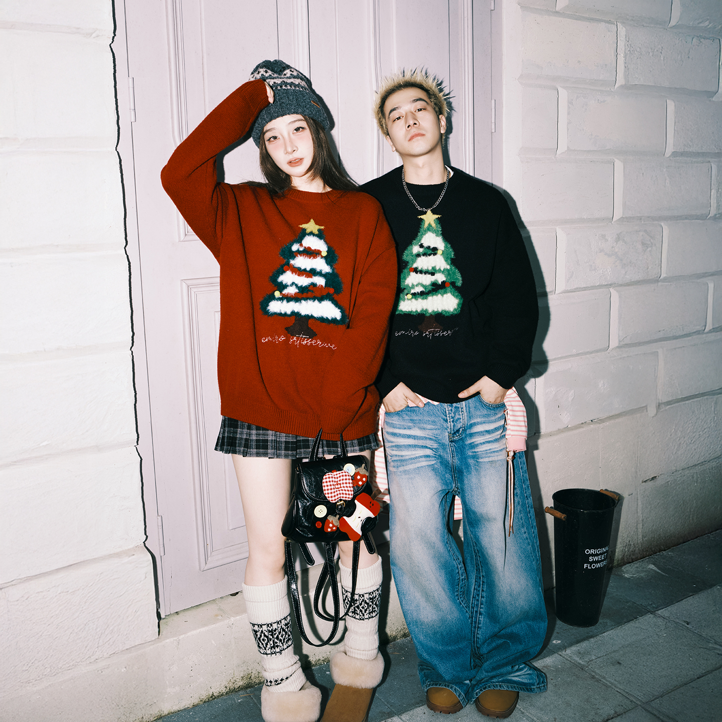 lemanism美式潮流圣诞树毛衣男2025秋冬情侣款线衣撞色针织衫女