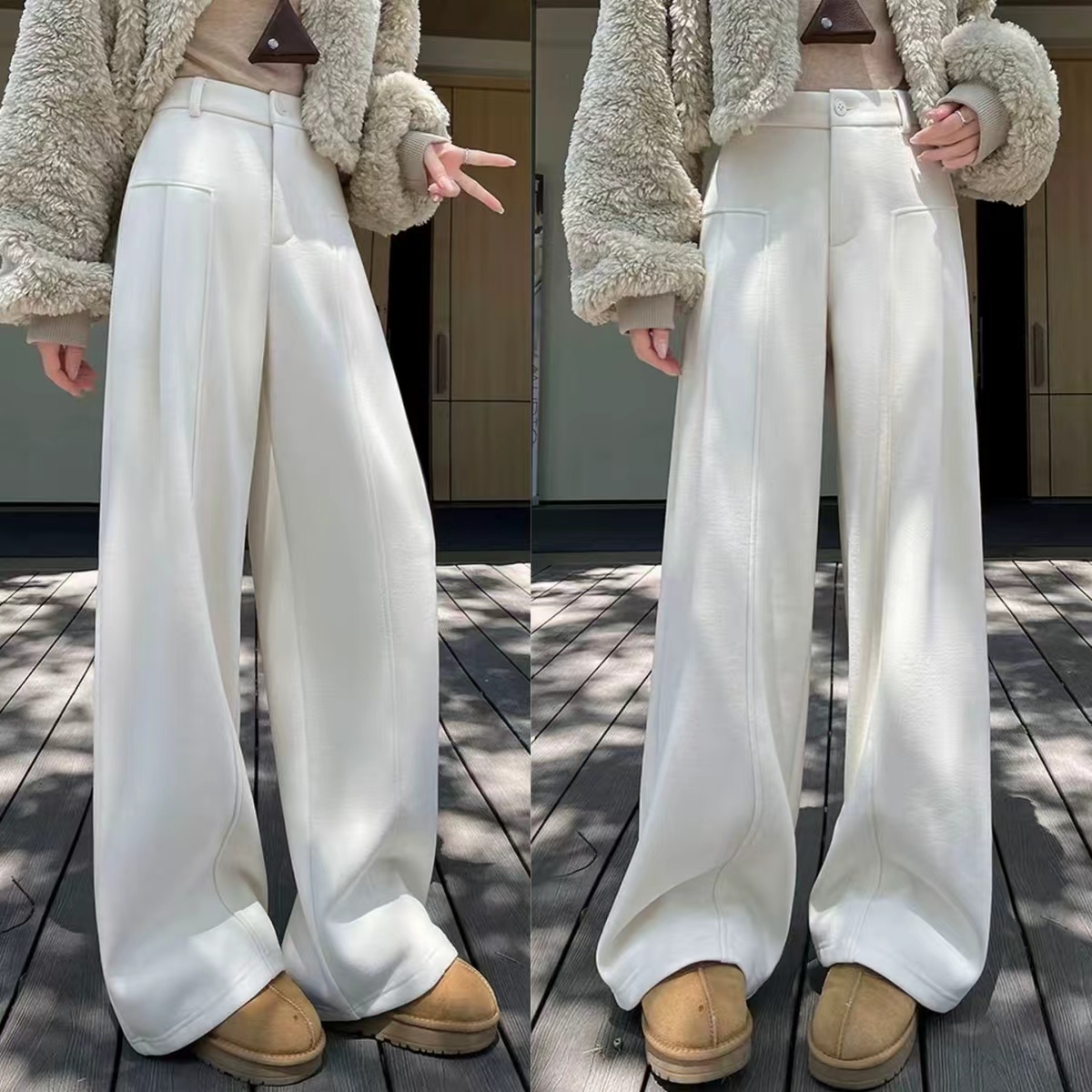 【羊绒蚕丝+运费险】2025秋冬阔腿女裤保暖休闲加厚绒直筒裤毛呢裤