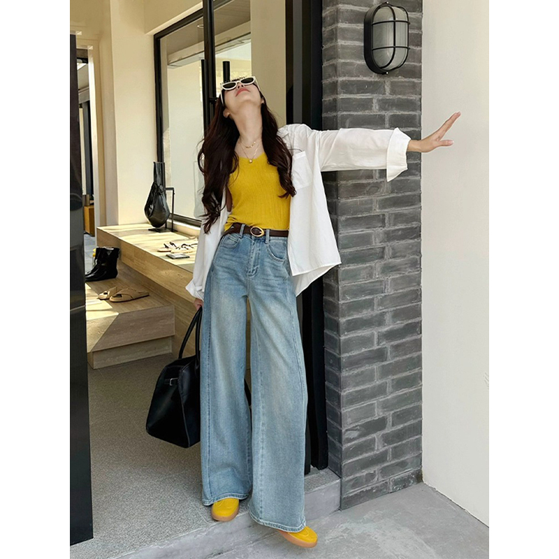 【春款上新】高腰双股线设计牛仔阔腿裤女2025春季上新弯刀裤5232