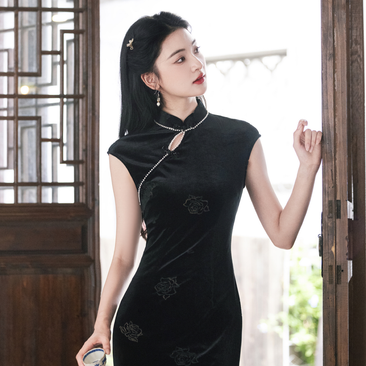 方梨｜如愿（120cm)长裙提花斜襟水滴领丝绒旗袍日常修身显瘦甜辣风