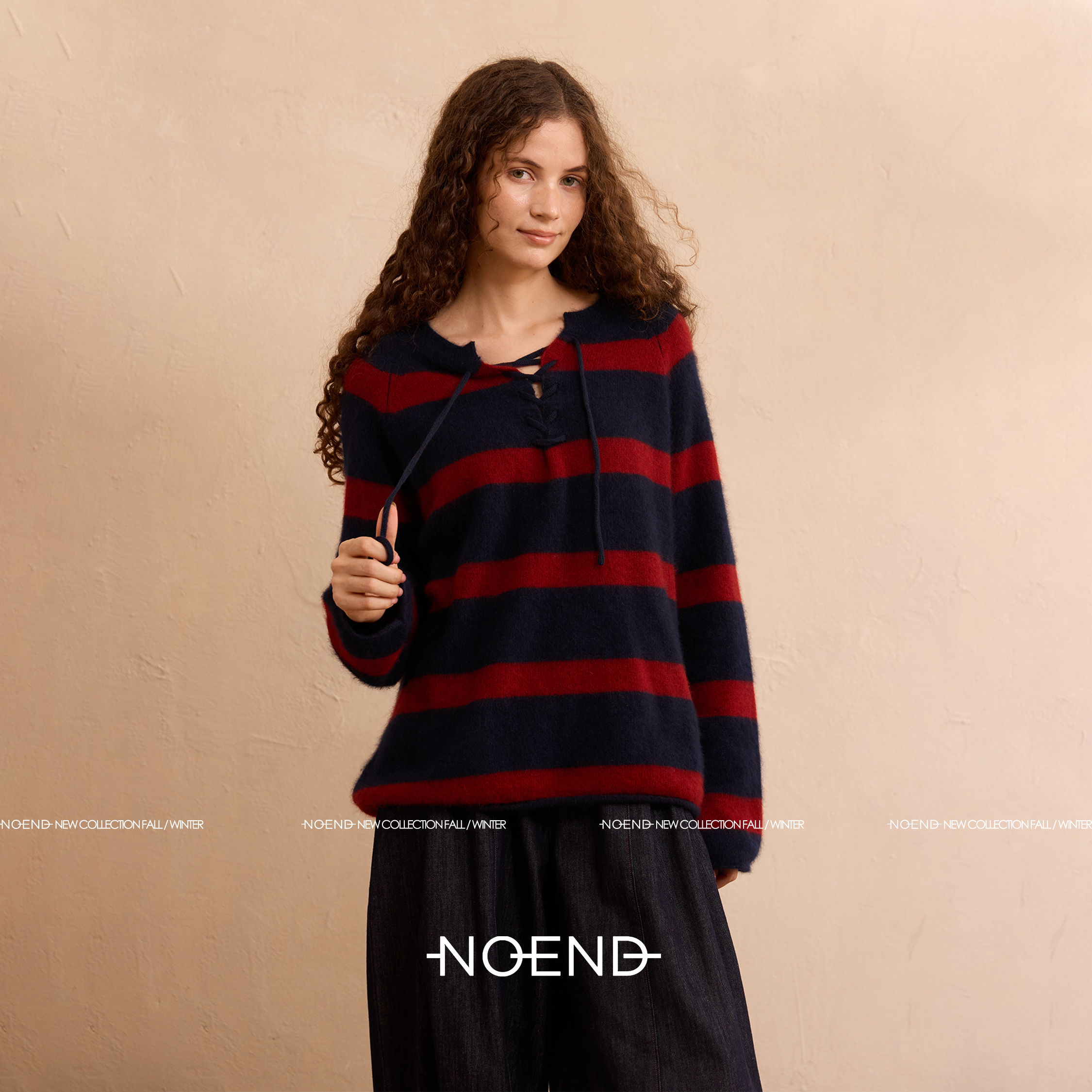 NOEND复古电影彩色条纹绑带棉羊毛休闲长袖棉羊毛针织衫