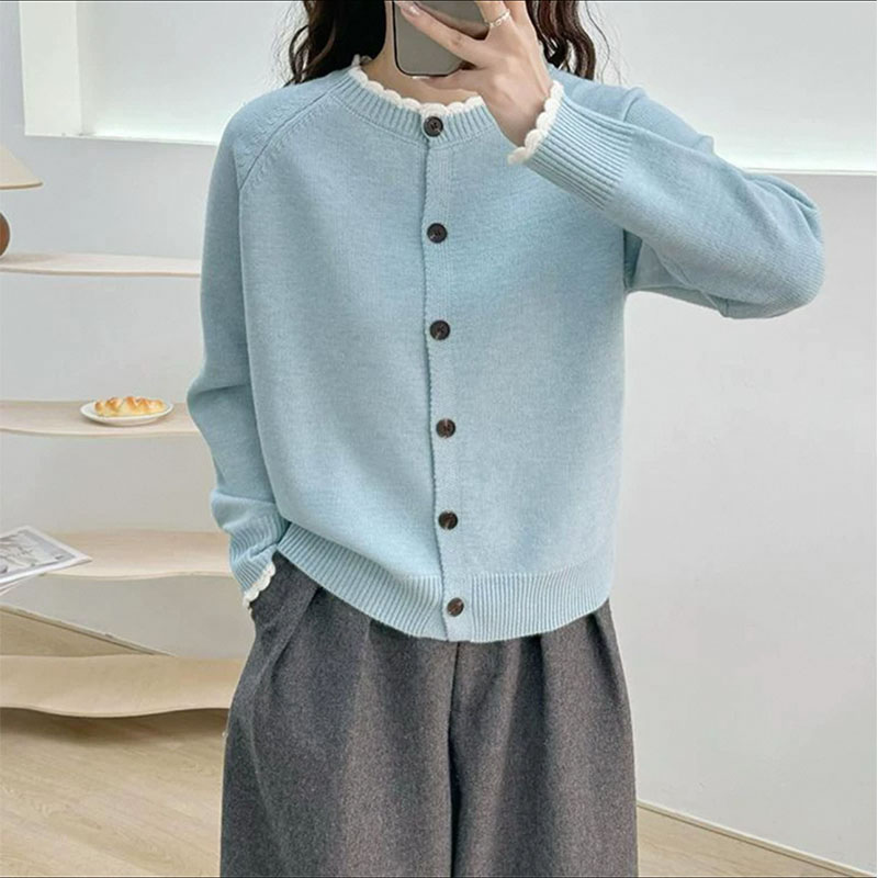 418#【冰川蓝--领口袖口花边开衫】春季加厚新款针织上衣开衫女百搭