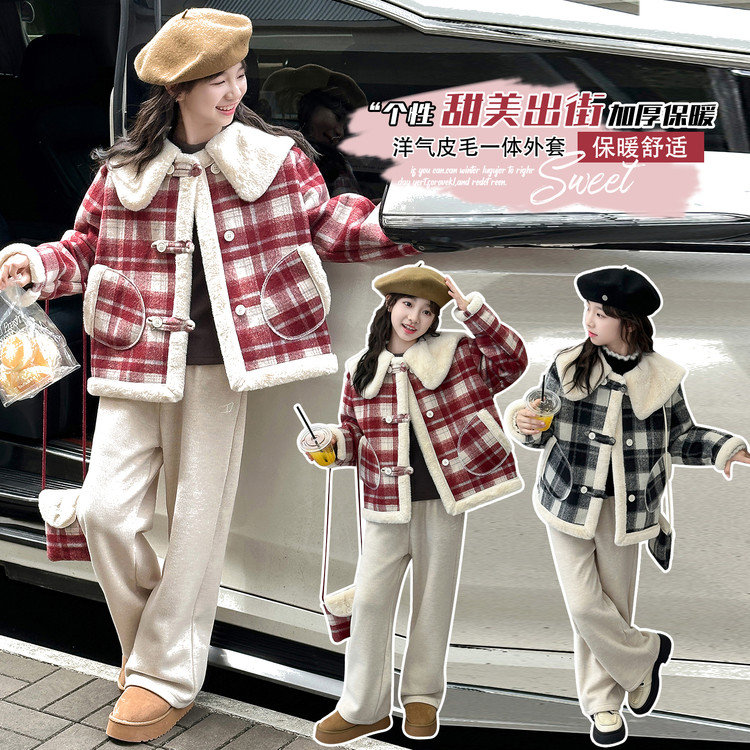 女童红格毛呢外秋冬款2025新款冬季儿童女孩大童加厚洋气呢子大衣