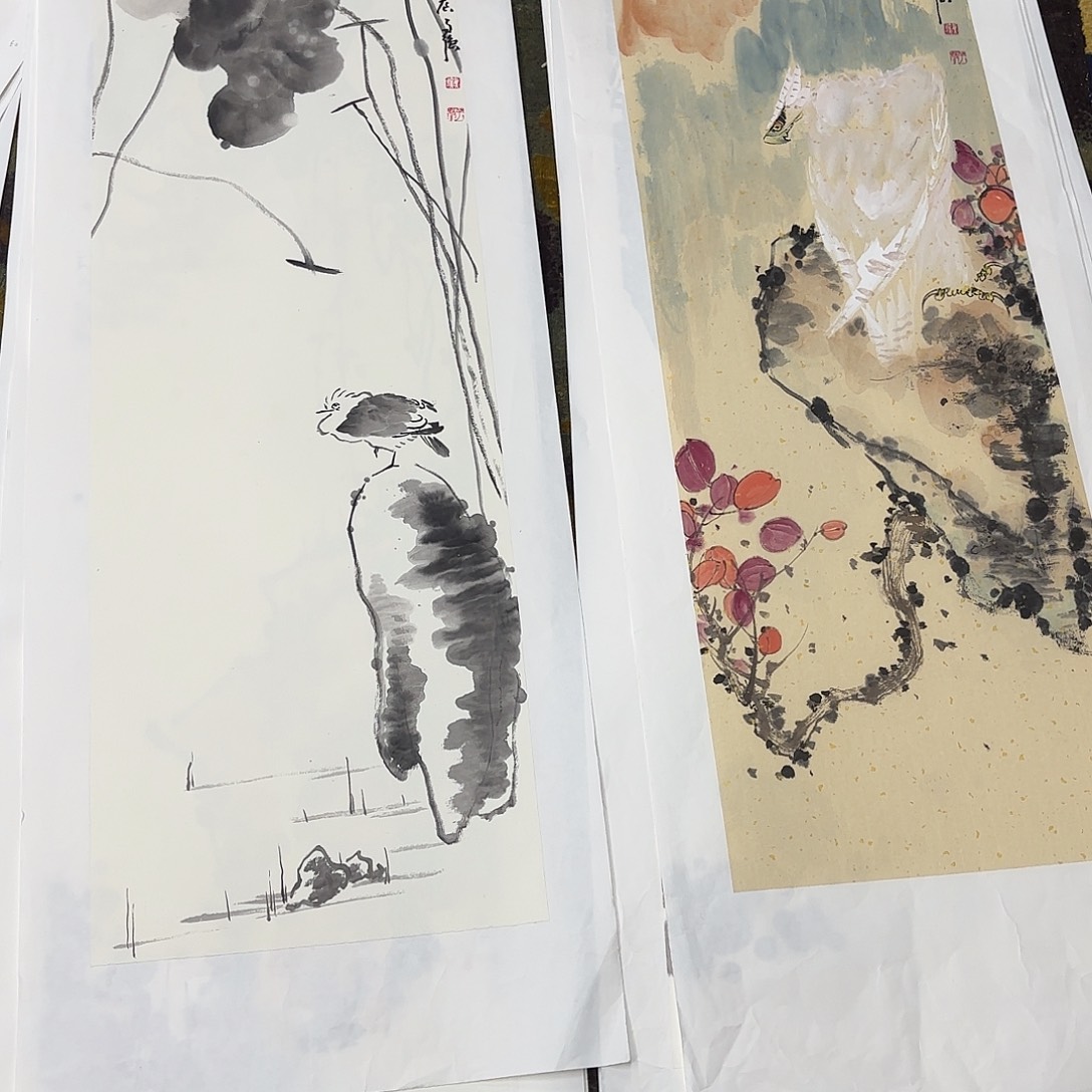 栋***法国画四尺对开花鸟童