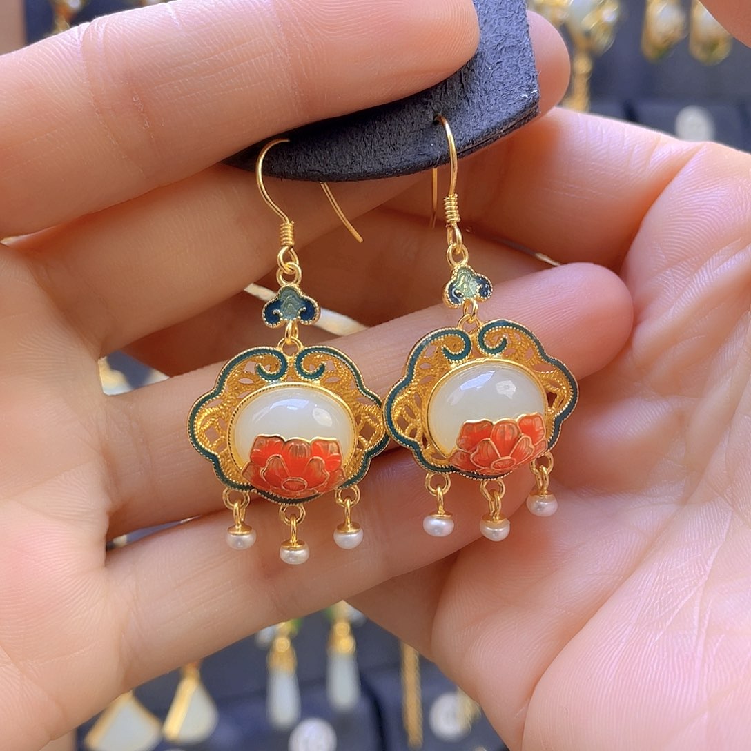 和田玉耳饰银S925镀金镶嵌