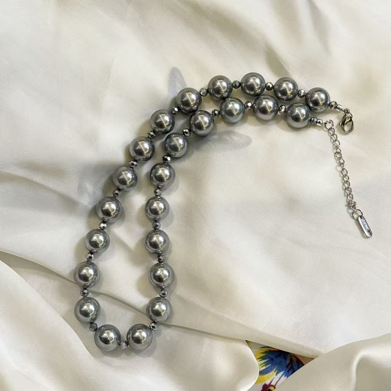 合金仿珍珠项链 灰色贝珠正圆满串项链