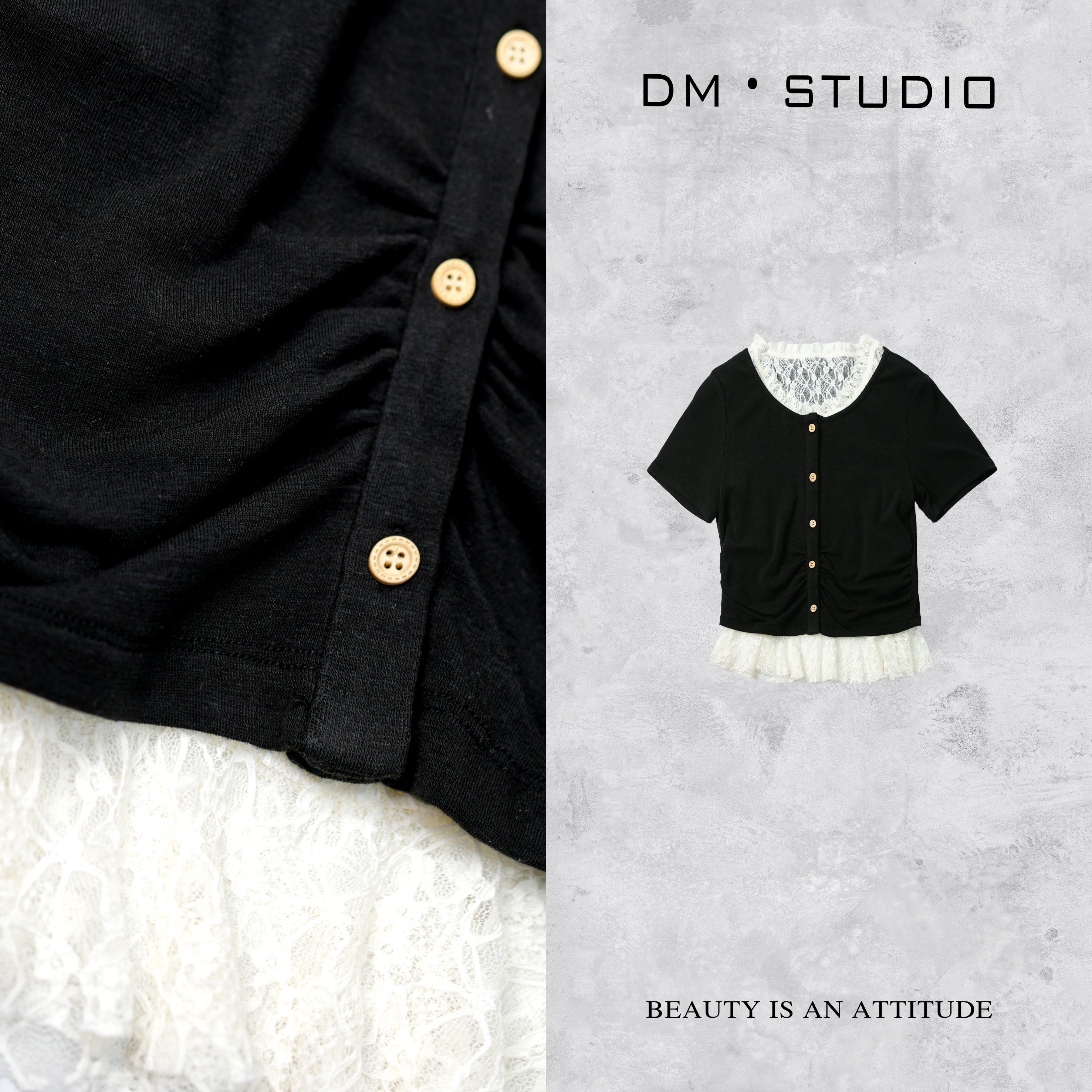 DEDM•STUDIOM/极简小众设计款蕾丝背心短袖上衣两件套2504TX/L031