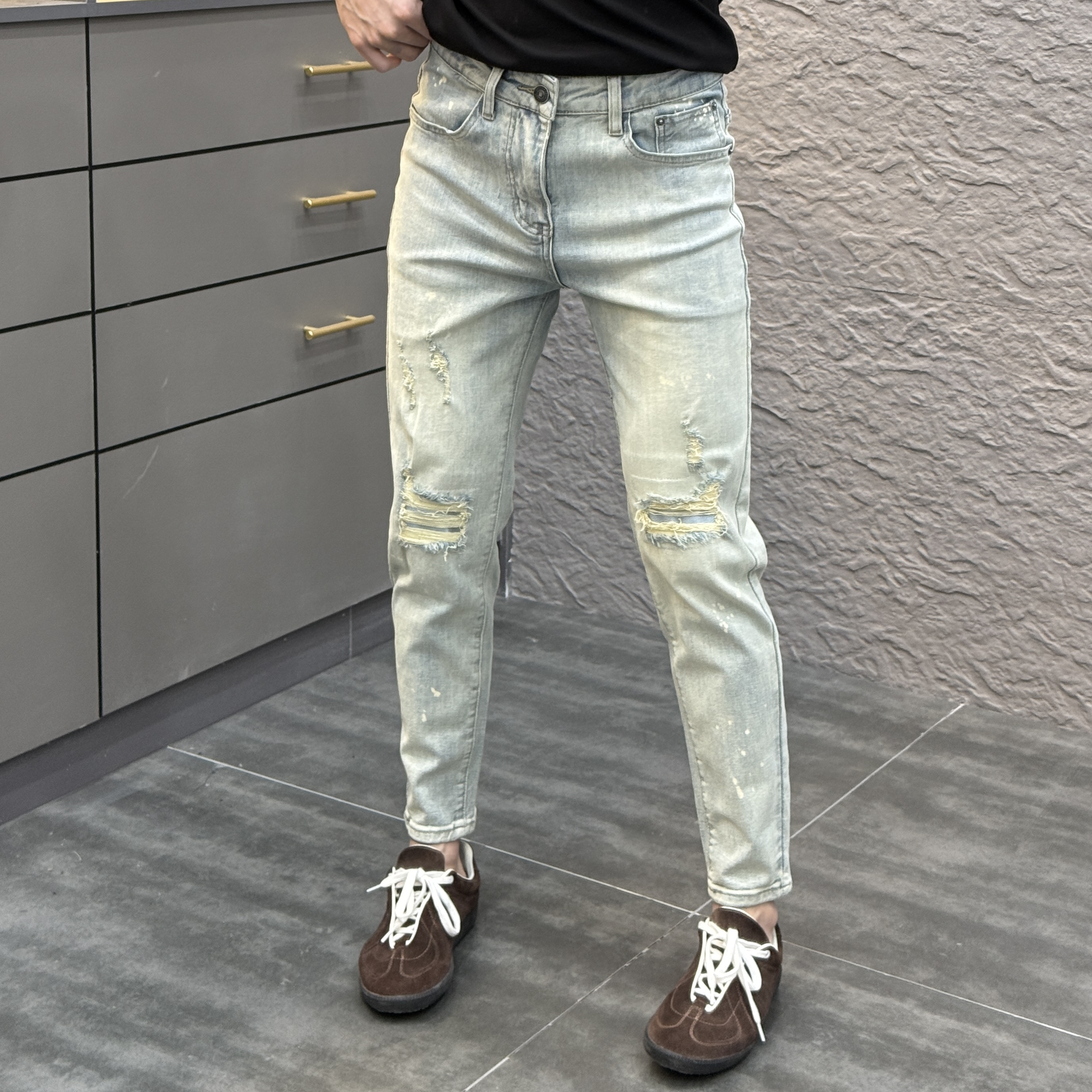 2025春季新款时尚休闲百搭净版假破洞男士小脚九分牛仔裤YC6038