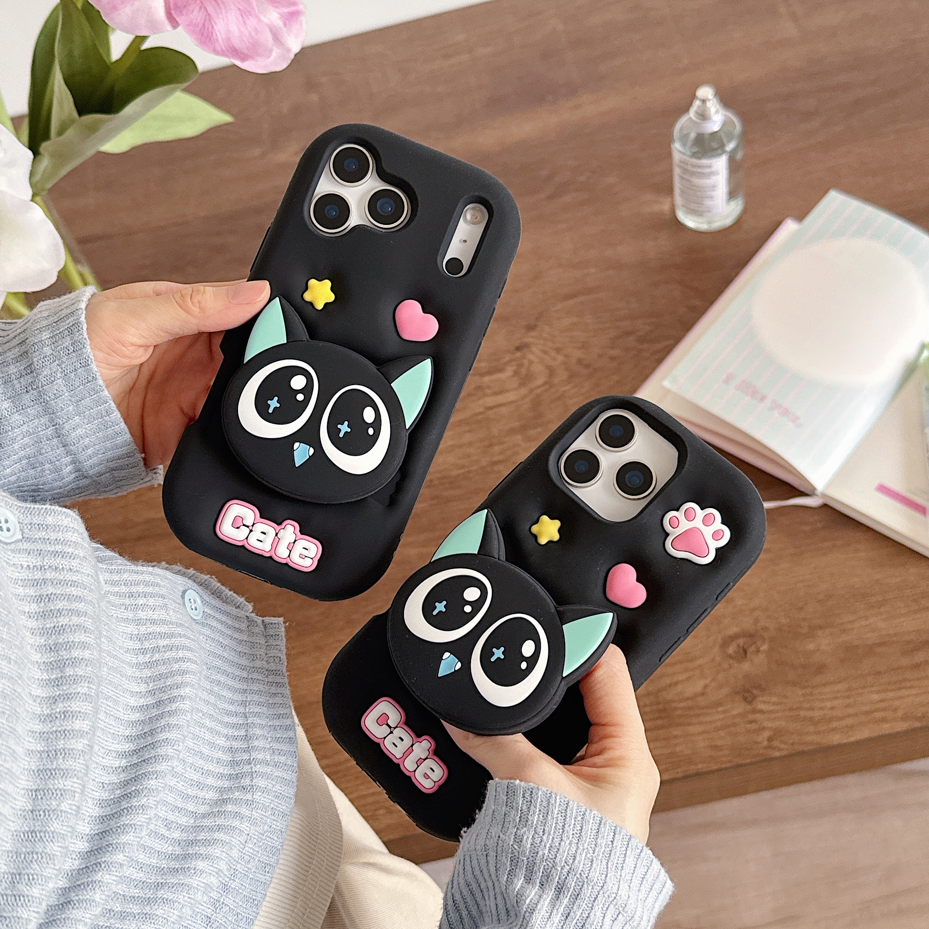 苹果|卡通黑色猫咪支架适用iPhone17可爱罗小黑ins创意硅胶手机壳