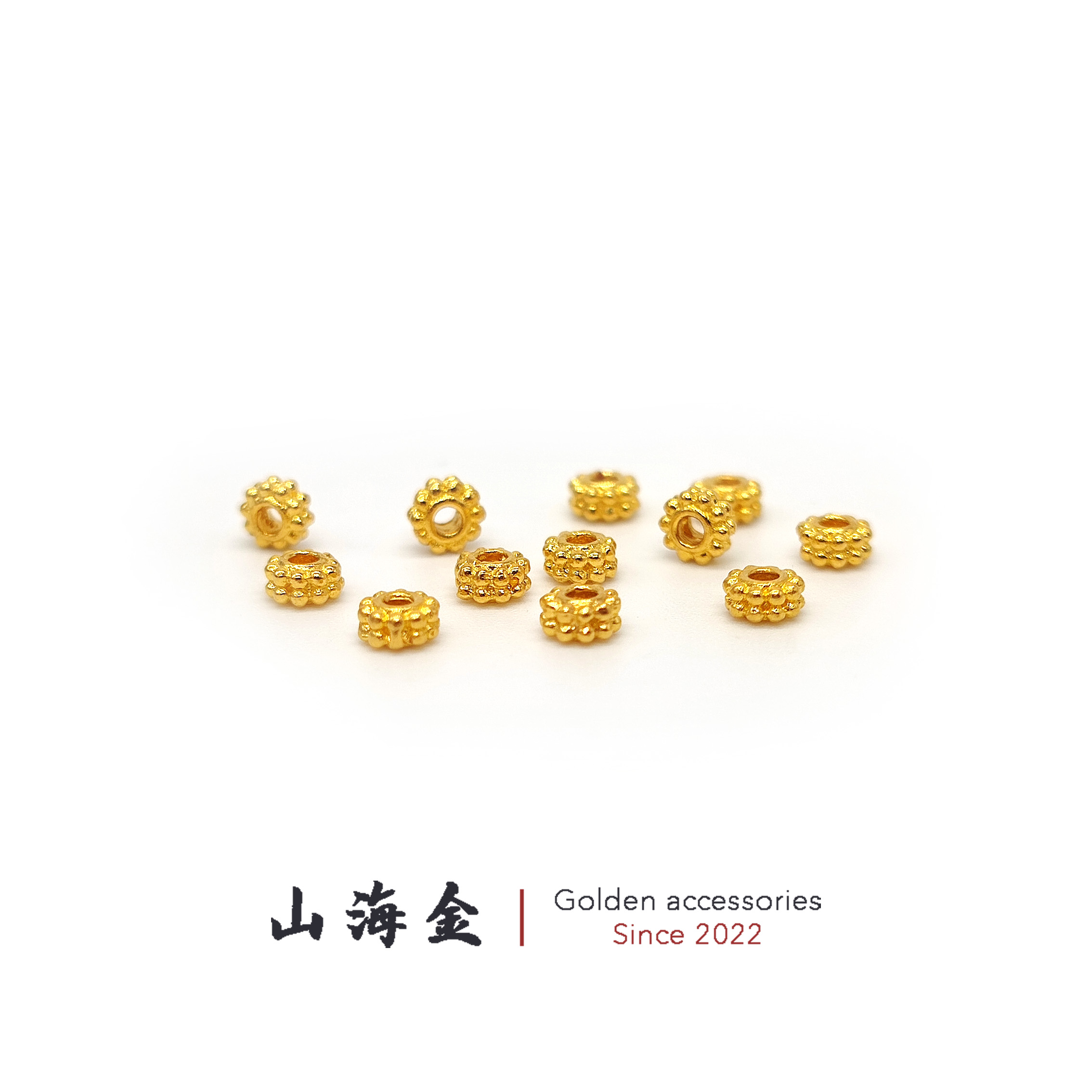 山海金 24K纯黄金足金双排车轮乳钉隔片弟子珠万向轴手串配饰