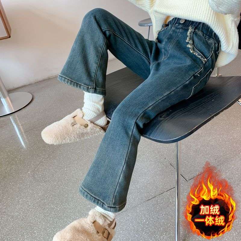 女童加绒牛仔裤2025秋冬新款复古韩版一体绒休闲喇叭裤小女孩百搭