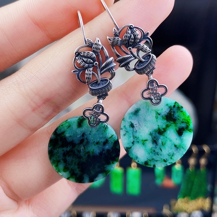 翡翠耳饰银S925镶嵌饰品