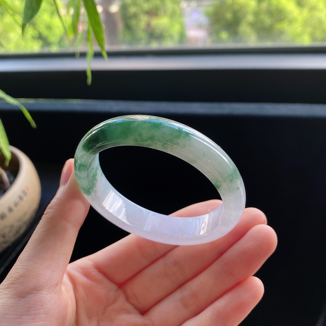 好色珠宝  圈口53缅甸老坑A货糯冰种飘花贵妃女款翡翠手镯