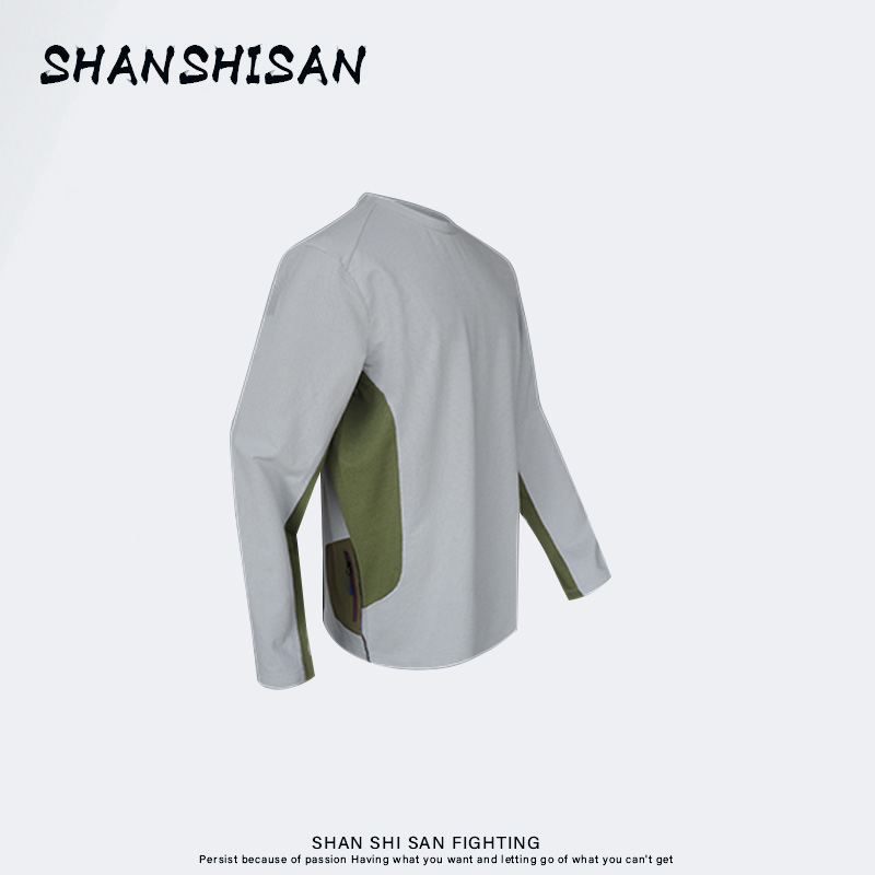 时尚感轻松拿捏~春季男士户外运动休闲圆领T恤拼色口袋打底504V