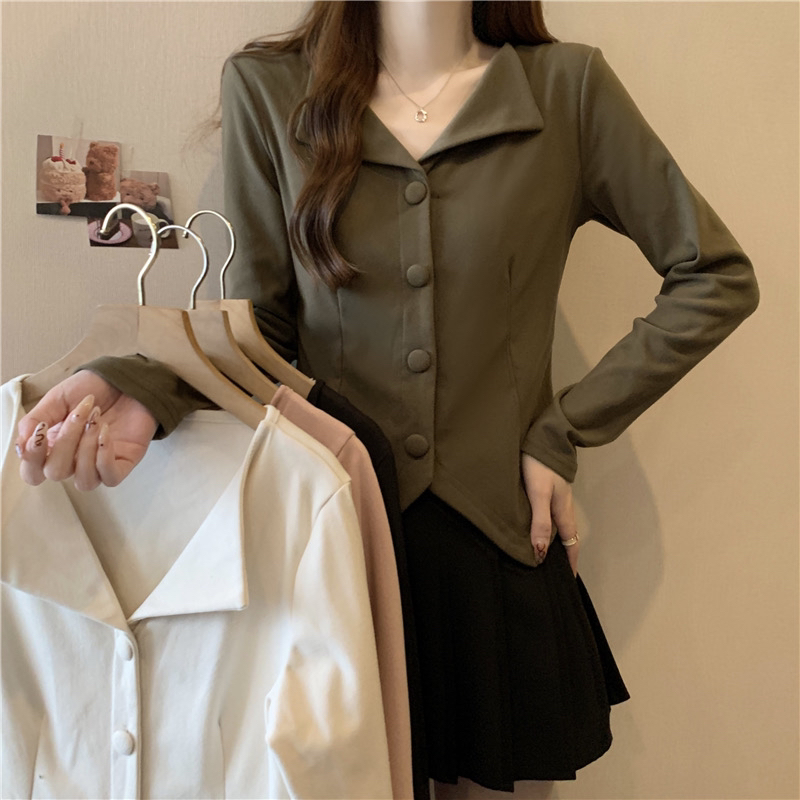 美拉德色V领长袖T恤女秋冬新款胖mm收腰遮肉显瘦内搭小衫上衣