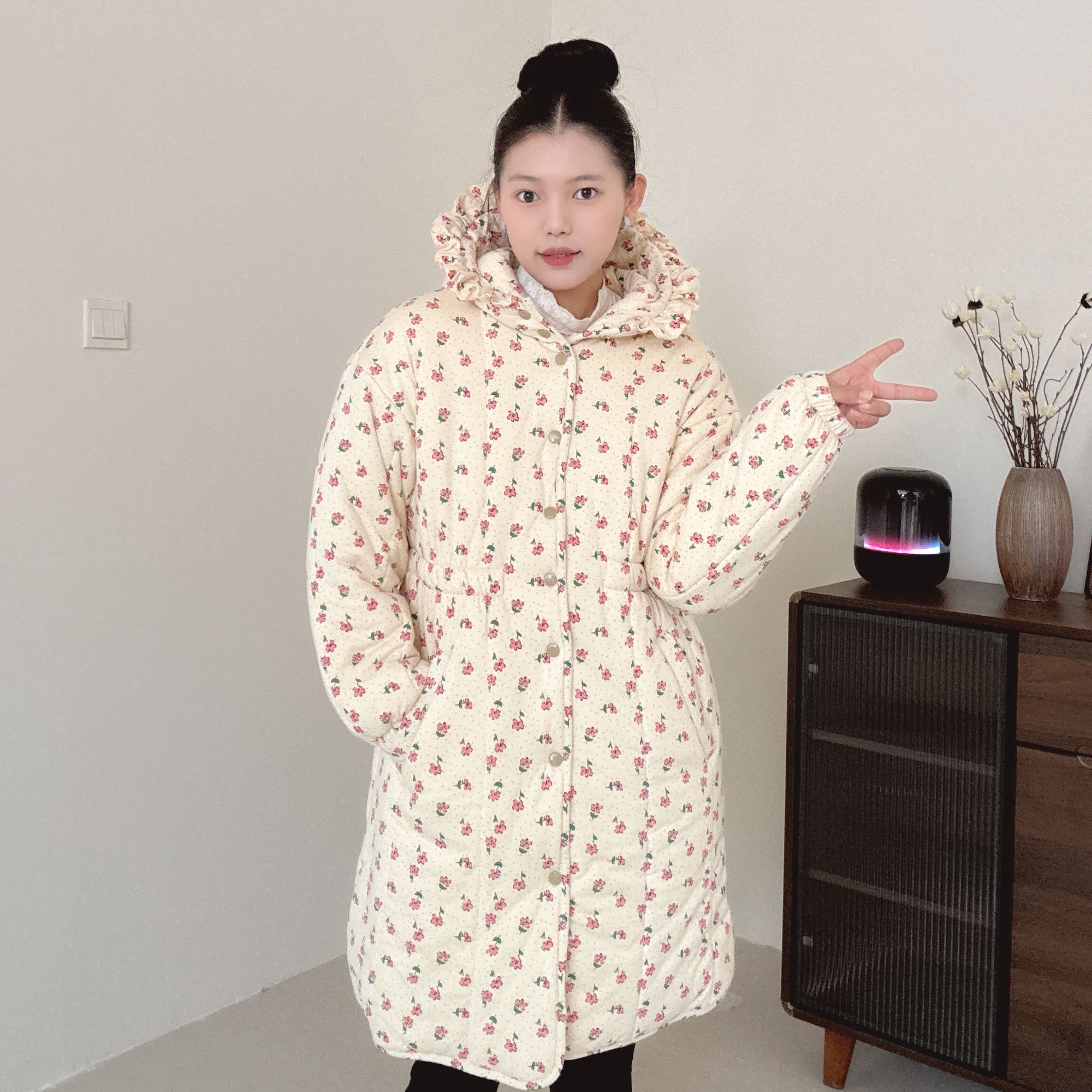 【粉色小花】300g新疆棉花边帽收腰中长款宽松家居服女保暖棉衣棉服