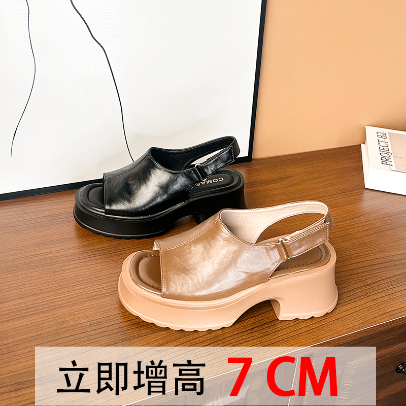 鱼嘴凉鞋女时尚玛丽珍百搭夏季真皮外穿粗跟厚底软底露趾中跟女鞋