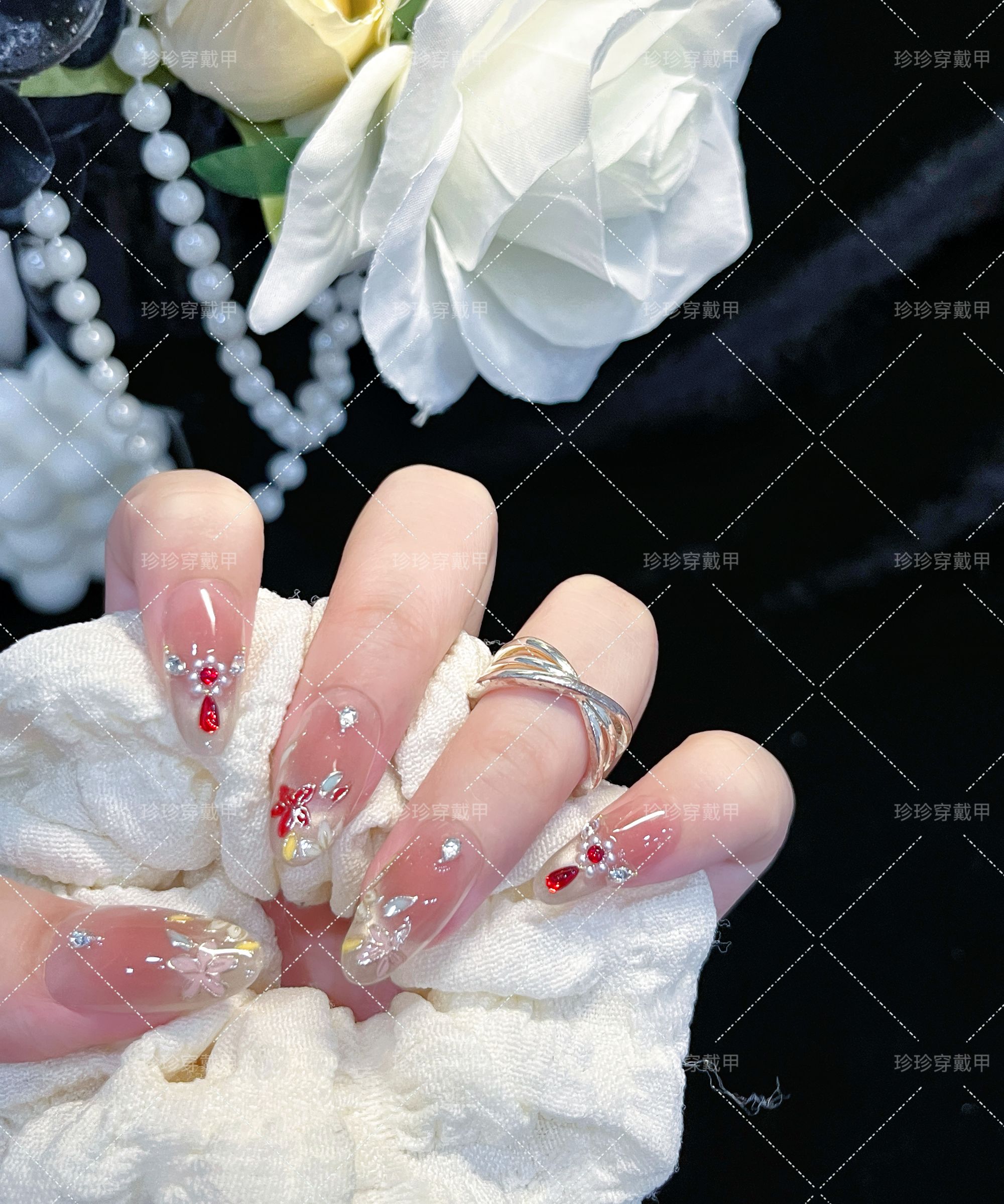 【洛神】珍珍手工穿戴甲新中新国风掐丝珐琅彩色花卉猫眼美甲贴片