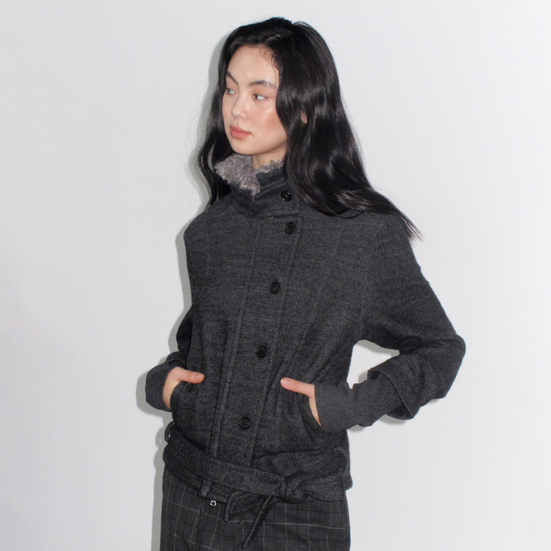 Mito de dar 羊毛立领修身都市感绑带毛领冬季短款毛呢大衣外套