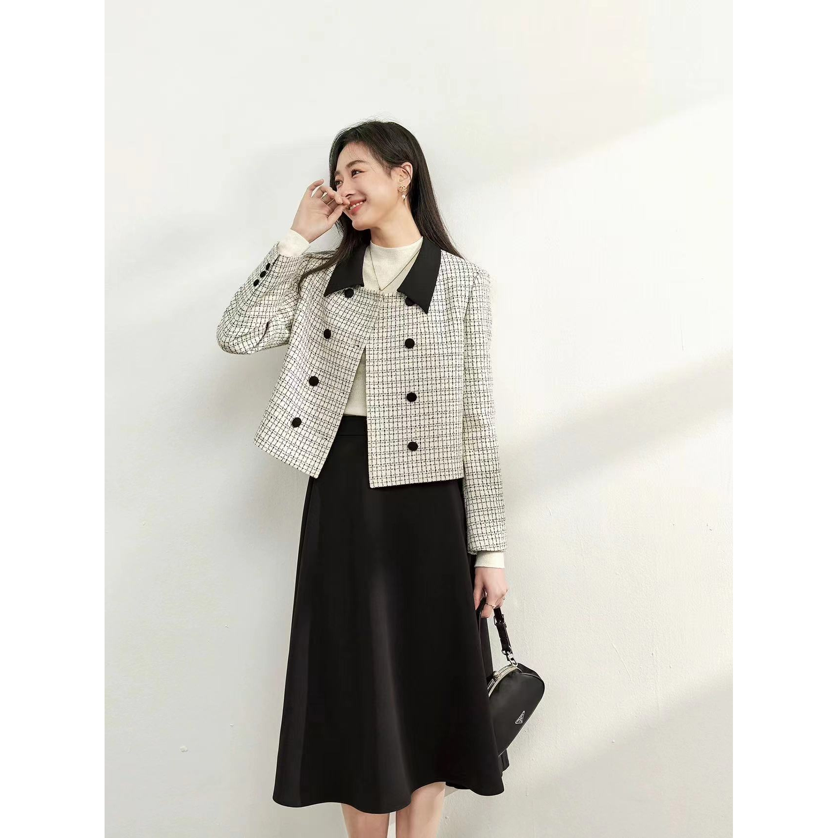 【梦成专属】春季新款格纹撞色小香风外套女春季时尚设计感短款外套