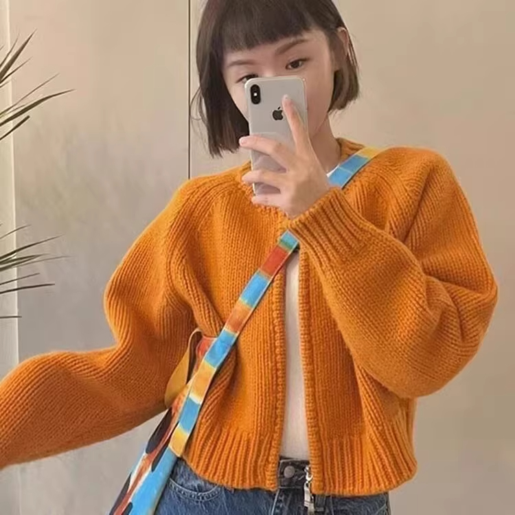 拉链圆领针织开衫女2025春秋新款毛衣设计感小个子短款上衣外套