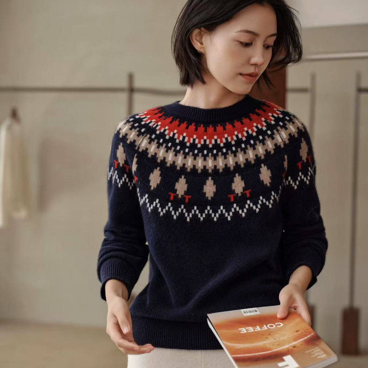 女士圆领费尔岛提花7针双股加厚中毛衣针织6958