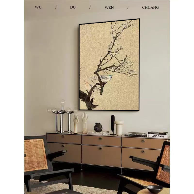 宋代美学花鸟图客厅书房中古风装饰挂画喜上枝头梅花玄关砂岩画