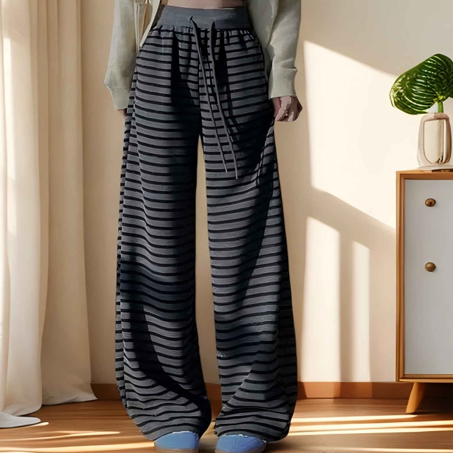 2025春季新款宽松慵懒感直筒休闲裤条纹阔腿裤高腰垂感拖地长裤女