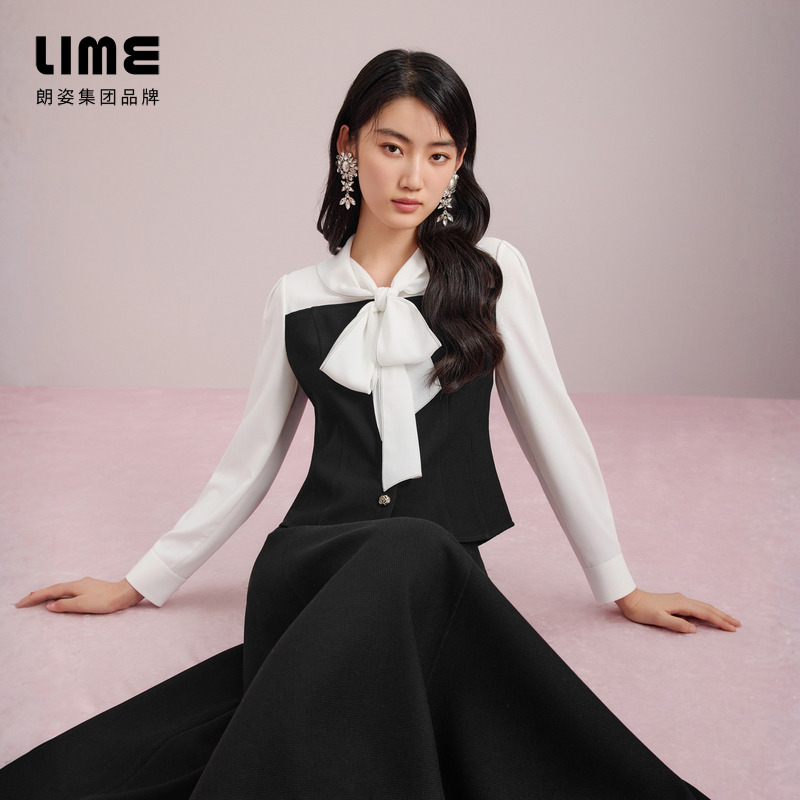 朗姿/莱茵【都市主场】秋季拼色提花长袖衬衫黑色LDGC8AWBL306