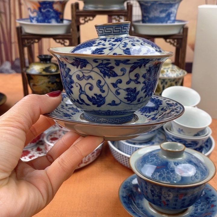 陶摆件老陶泥缠枝莲元宝盖碗